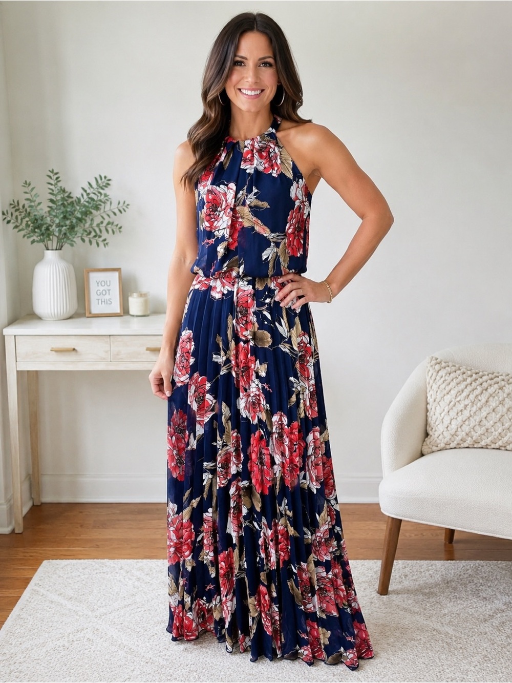 Bisou Bisou Navy Floral Maxi Dress with Pink & Cream Blooms